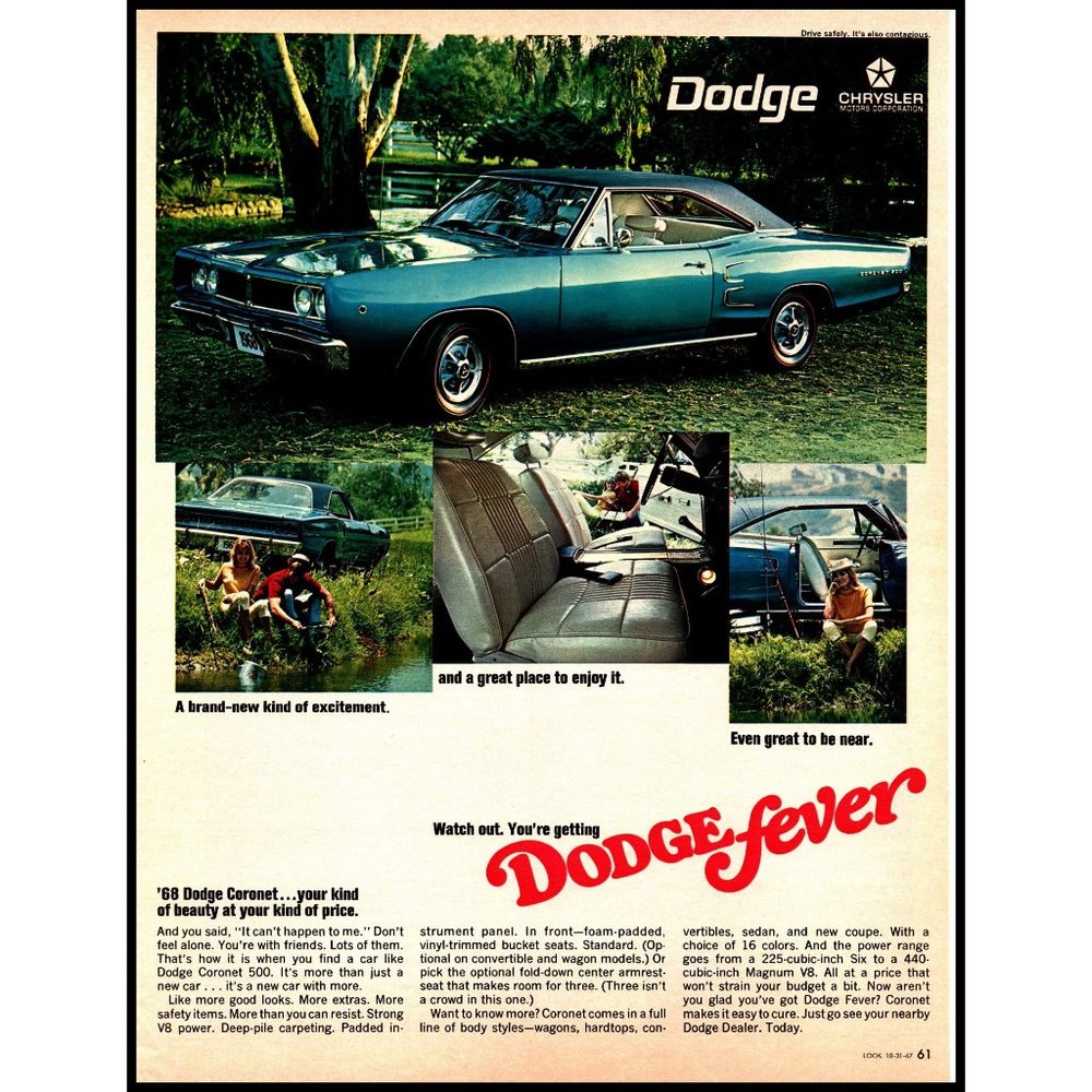 1968 Dodge Coronet 2 Door Coupe Vintage Print Ad River Fishing Rod Wall Art